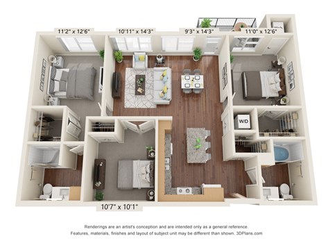 Floor plan for 3 beds, 2 baths, 1260 sqft